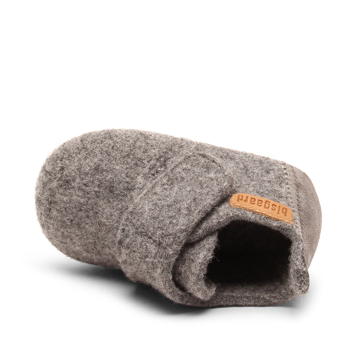Baby Wool Grey – Chaussons bébé en laine – Bisgaard : chausson vu du dessus avec ouverture visible.