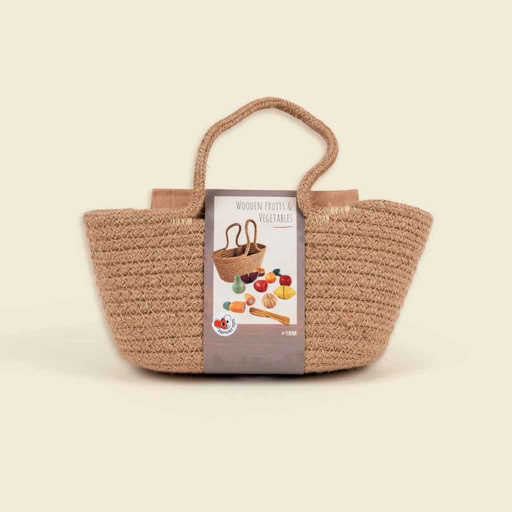Houten Fruit- en Groenteset – 8-delige speelset met jute mandje – Egmont Toys