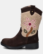 Cowboylaars – Donkerbruin met bloem – Suède & teddy – Shoesme