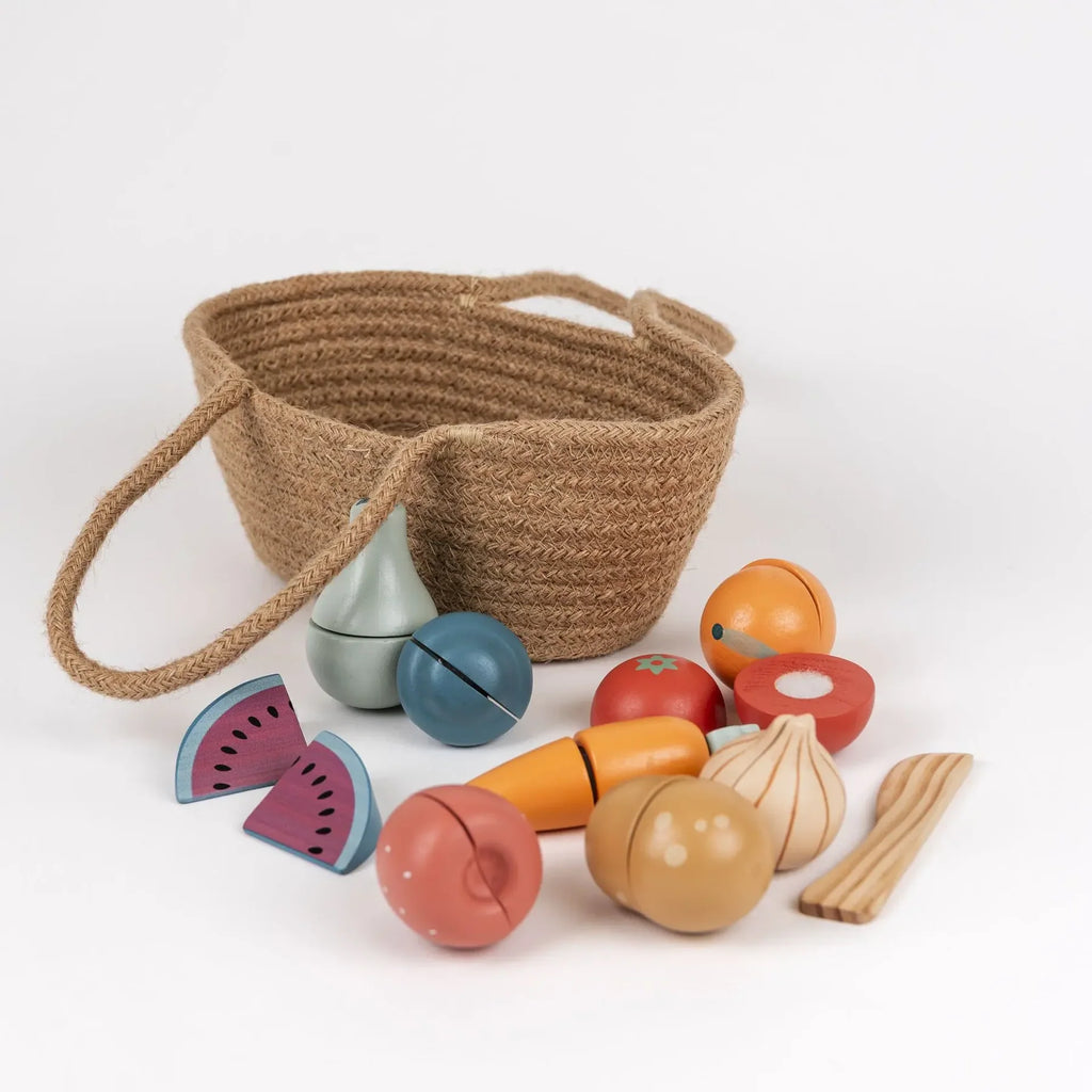 Houten Fruit- en Groenteset – 8-delige speelset met jute mandje – Egmont Toys