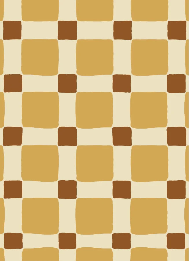 Geblokt Quilt Okergeel – Atelier Chien: detail of the wallpaper pattern.