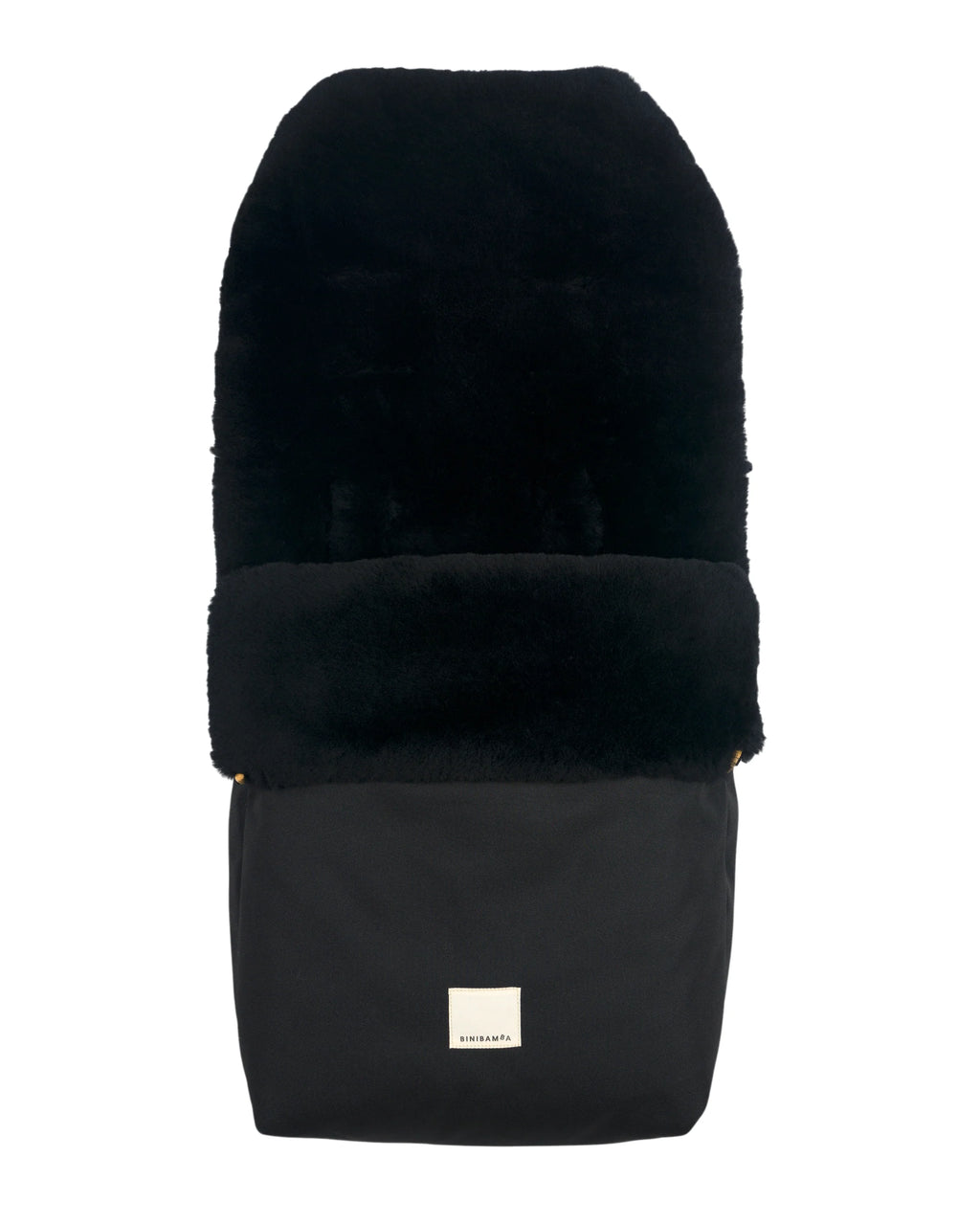 Noir Puffmuff – Luxuriöser schwarzer Kinderwagenfußsack aus Merino-Lammfell – BINIBAMBA