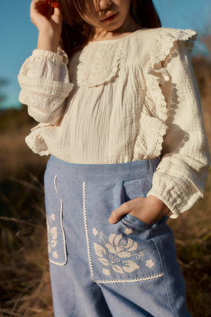 Broek Flofi met borduursels - Biologisch katoen - Light Blue - Louise Misha