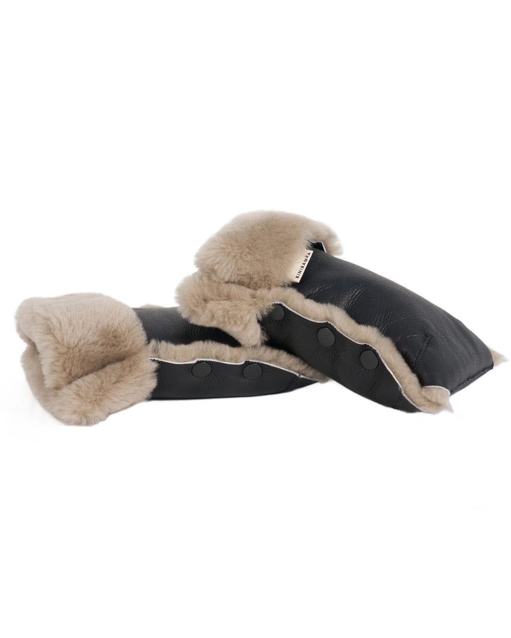 Pram mittens of Merino sheepskin - Noir + Toast - BINIBAMBA