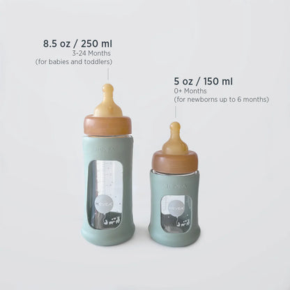Glazen babyfles - Wide Neck met beschermhoes 150 ml - HEVEA