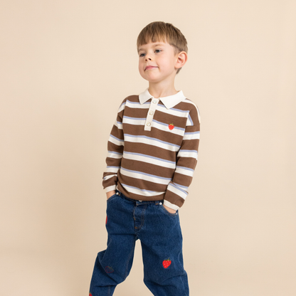 Gebreide polo sweater Elias – Coffee/Air Stripe – 100% katoen – Flöss