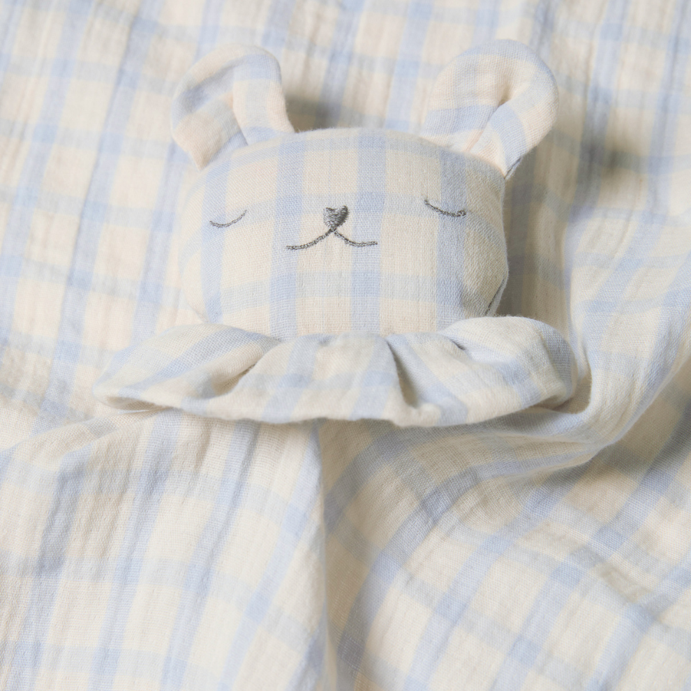 Doudou ours en mousseline - Coton bio - Motif vichy bleu ciel - Garbo&Friends