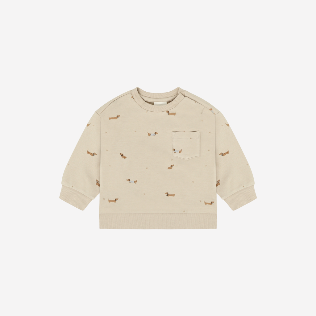 Sweater - Humus - Beige met teckel print - Fixoni - voorkant