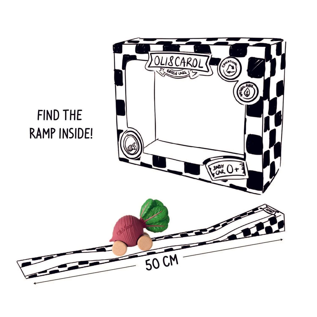 Speelgoedauto Betty the Beetroot met garage & racebaan - Natuurrubber & FSC-hout - Oli & Carol - productfoto - afbeelding 7