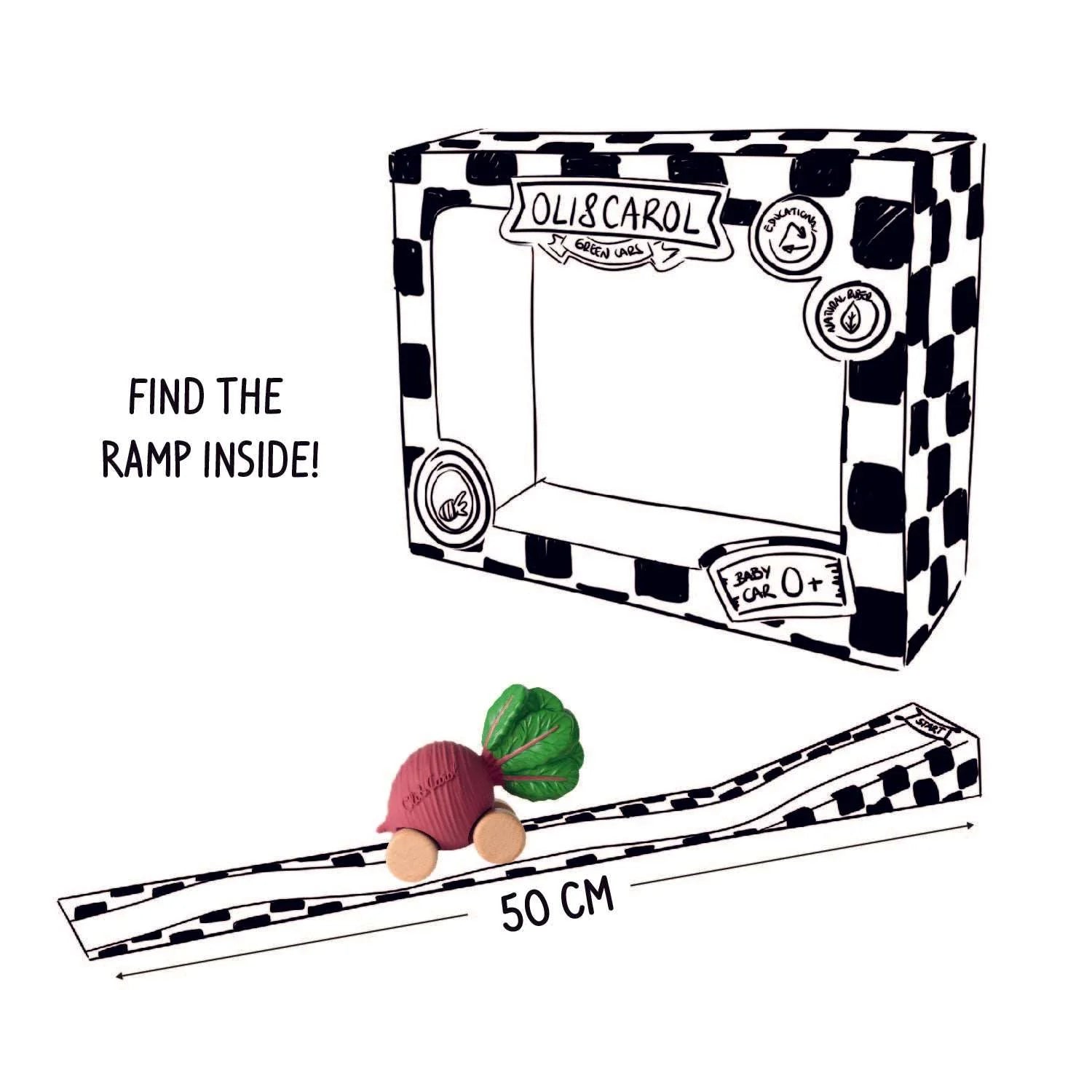 Speelgoedauto Betty the Beetroot met garage & racebaan - Natuurrubber & FSC-hout - Oli & Carol - productfoto - afbeelding 7