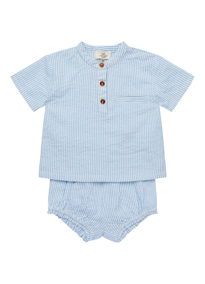 Top en broekje set - Seersucker Baby Set - Biologisch katoen - Blauw/wit gestreept - Copenhagen Colors voor