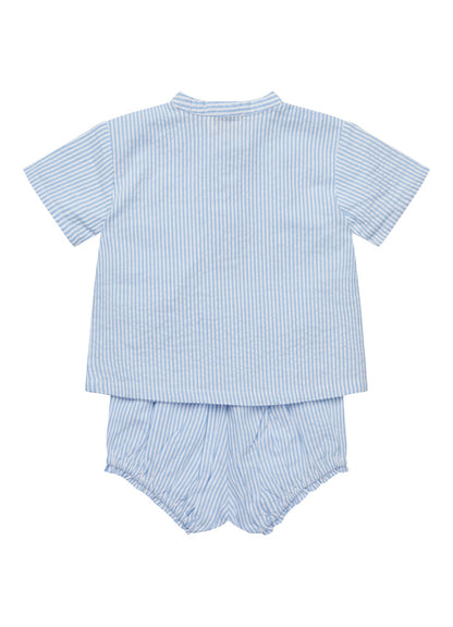 Top en broekje set - Seersucker Baby Set - Biologisch katoen - Blauw/wit gestreept - Copenhagen Colors achterkant
