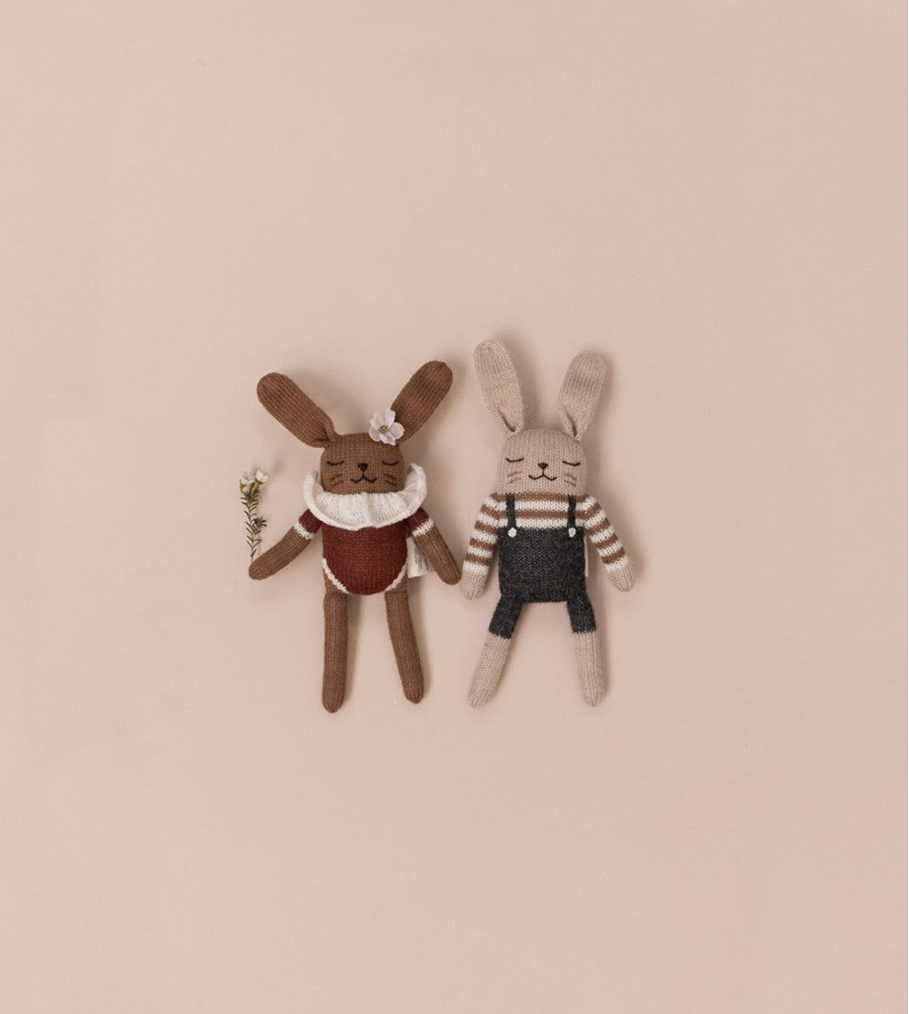 Knitted soft toy rabbit - Black overalls - Alpaca wool - Main Sauvage
