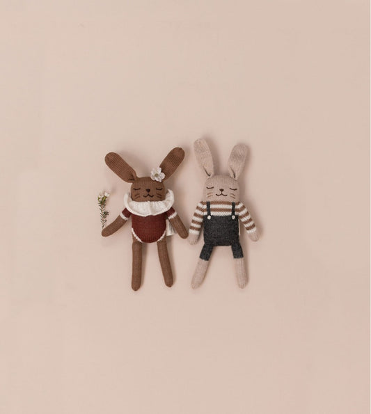 Knitted soft toy rabbit - Black overalls - Alpaca wool - Main Sauvage