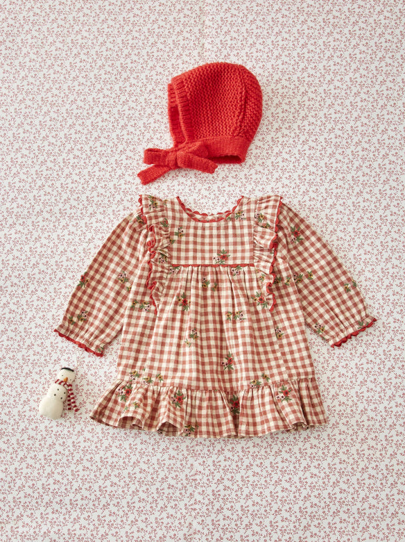 Geruit jurkje met bloemenborduursel - Roodbruin - Robe Vichy Volant/Broderie - Emile et Ida - productfoto