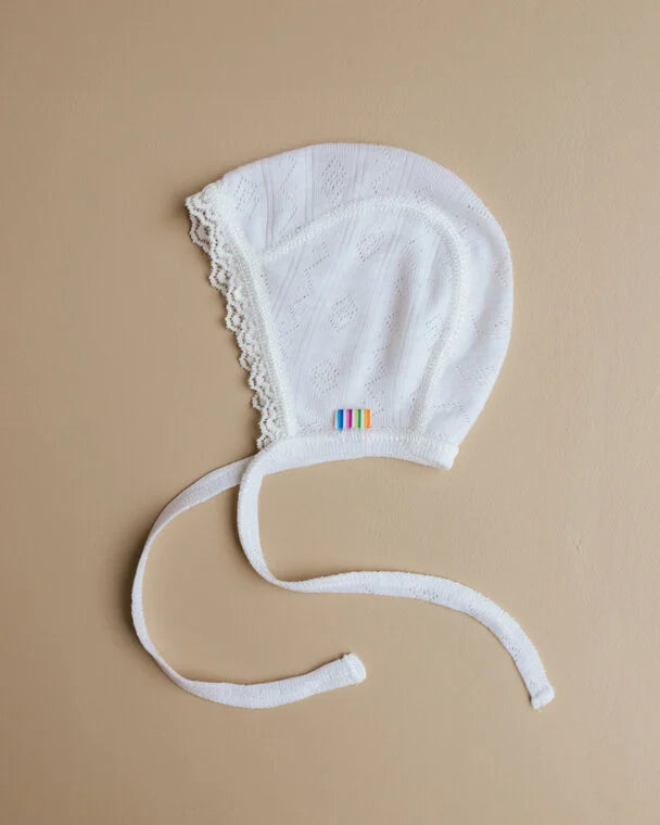 Tie-up bonnet with lace - Wool/silk - Openwork baby hat - White - Joha