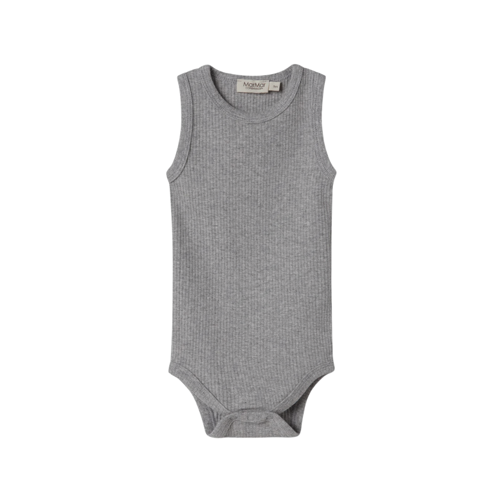 MarMar Copenhagen Rula Modal Sleeveless Romper  Ribbed Mouwloze Baby Romper TENCEL™ Modal en Biologisch Katoen grey melange grijs