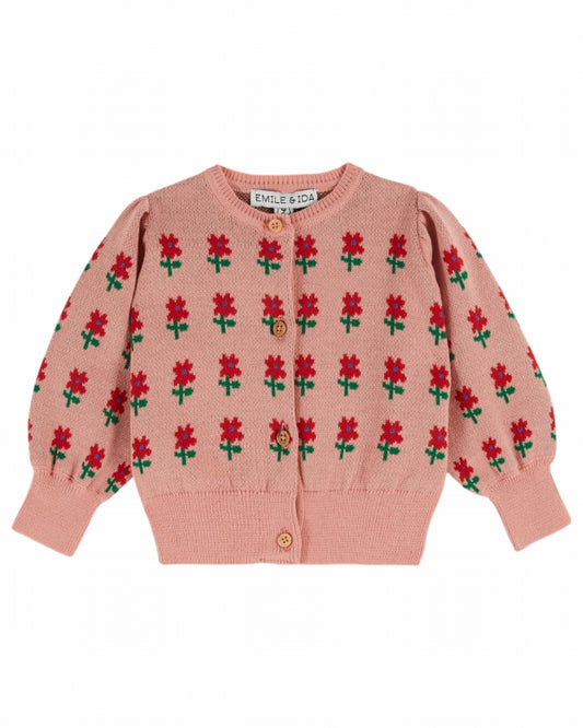 Cardigan with Flowers - Cardigan Fleur - Organic Cotton - Pink - Emile et Ida