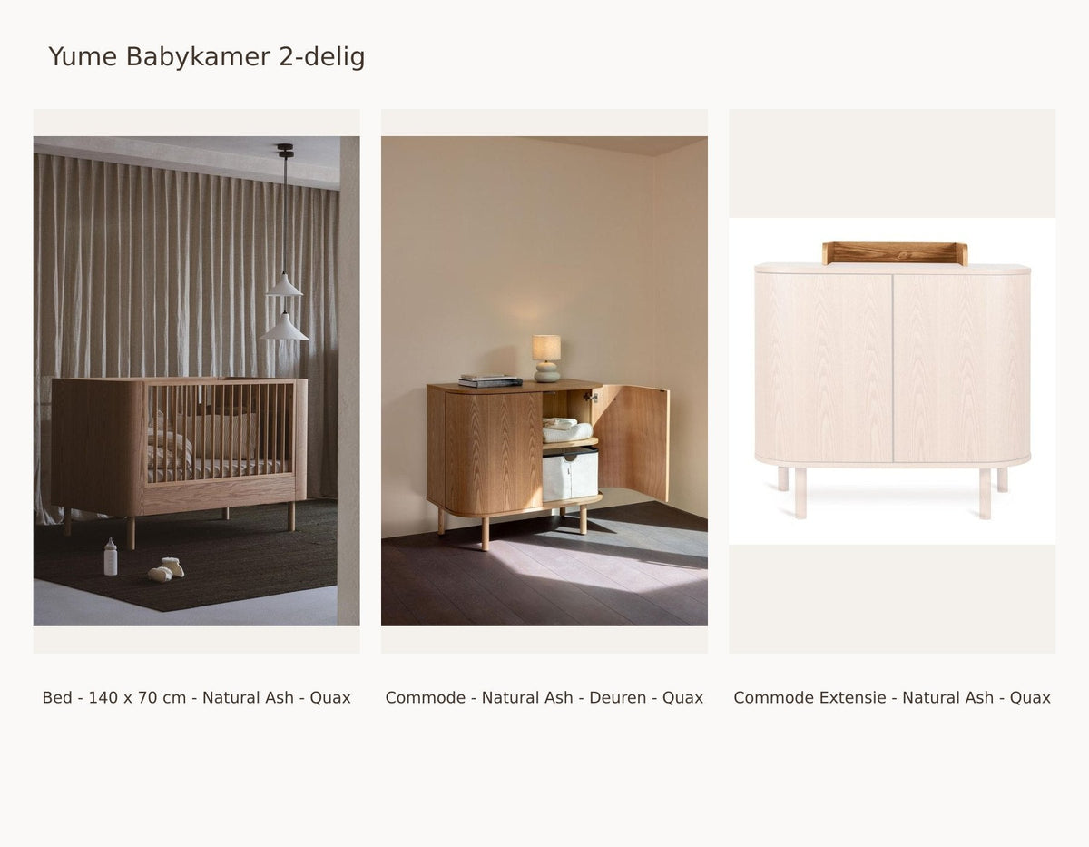 Chambre bébé 2 pièces Quax Yume – Natural Ash – 140 × 70 – Commode portes – avec extension de commode – avec kit junior : ensemble avec Lit - 140 x 70 cm - Natural Ash - Quax, Commode - Natural Ash - Portes - Quax, Extension de commode - Natural Ash - Quax.