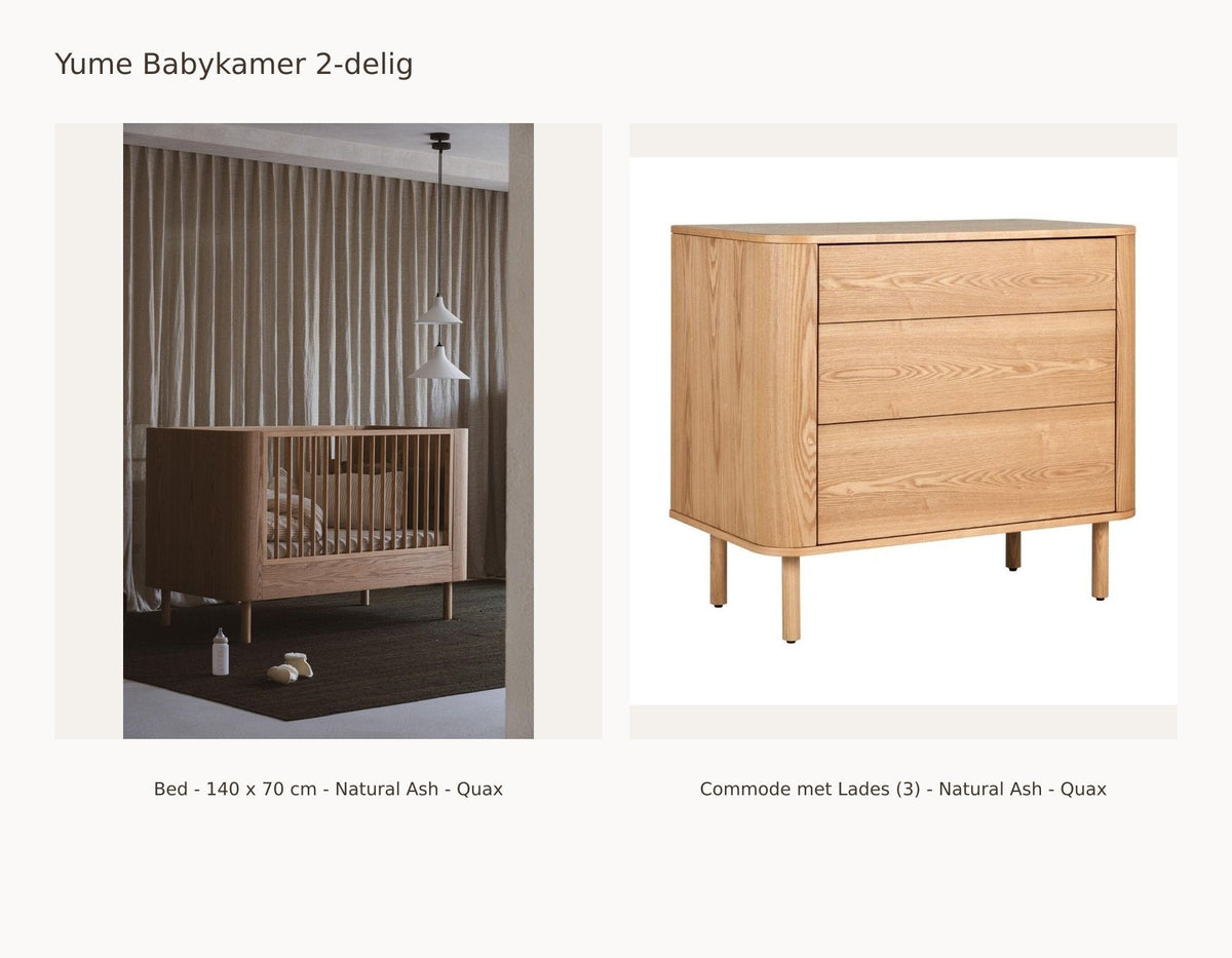 Chambre bébé 2 pièces Quax Yume – Natural Ash – 140 × 70 – Commode à tiroirs – avec barrière de sécurité et kit junior : ensemble avec Lit - 140 x 70 cm - Natural Ash - Quax, Commode à tiroirs (3) - Natural Ash - Quax.