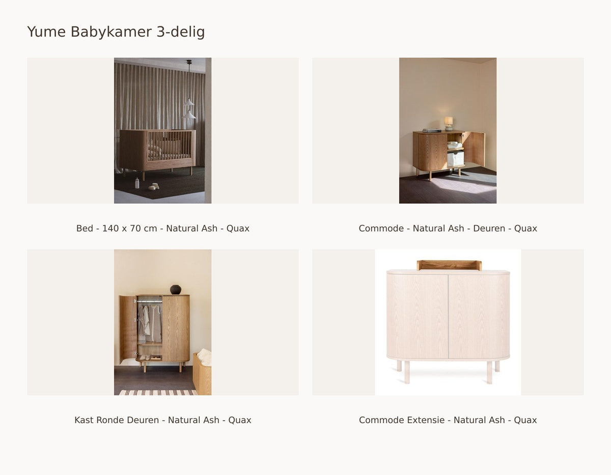 Quax Yume Nursery Set 3-Piece – Natural Ash – 140 × 70 – Dresser with Doors – Wardrobe with Round Doors – with Dresser Extension – with Toddler Bed Rail: set including Bed - 140 x 70 cm - Natural Ash - Quax, Dresser - Natural Ash - Doors - Quax, Wardrobe Round Doors - Natural Ash - Quax, Dresser Extension - Natural Ash - Quax.