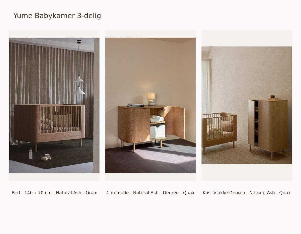 Quax Yume Chambre bébé 3 pièces – Natural Ash – 140 × 70 – Commode portes – Armoire portes lisses – avec barrière de lit : ensemble avec Lit - 140 x 70 cm - Natural Ash - Quax, Commode - Natural Ash - Portes - Quax, Armoire Portes Lisses - Natural Ash - Quax.