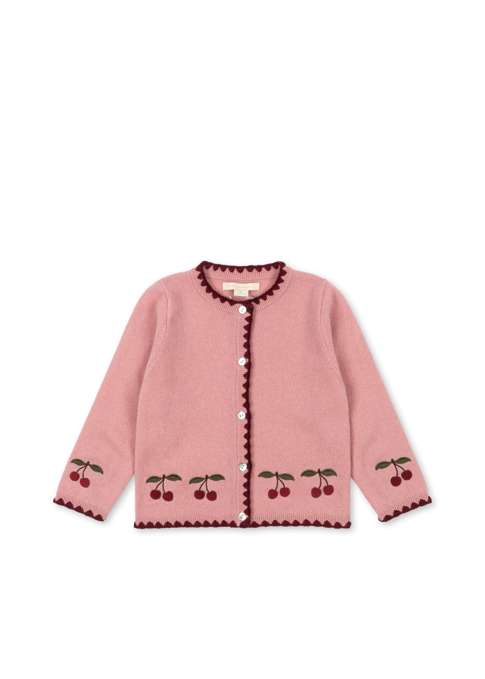 Wollen vest Collette – Pale Blush – Konges Sløjd: roze gebreid vest met kersen en donkere randen, vooraanzicht.