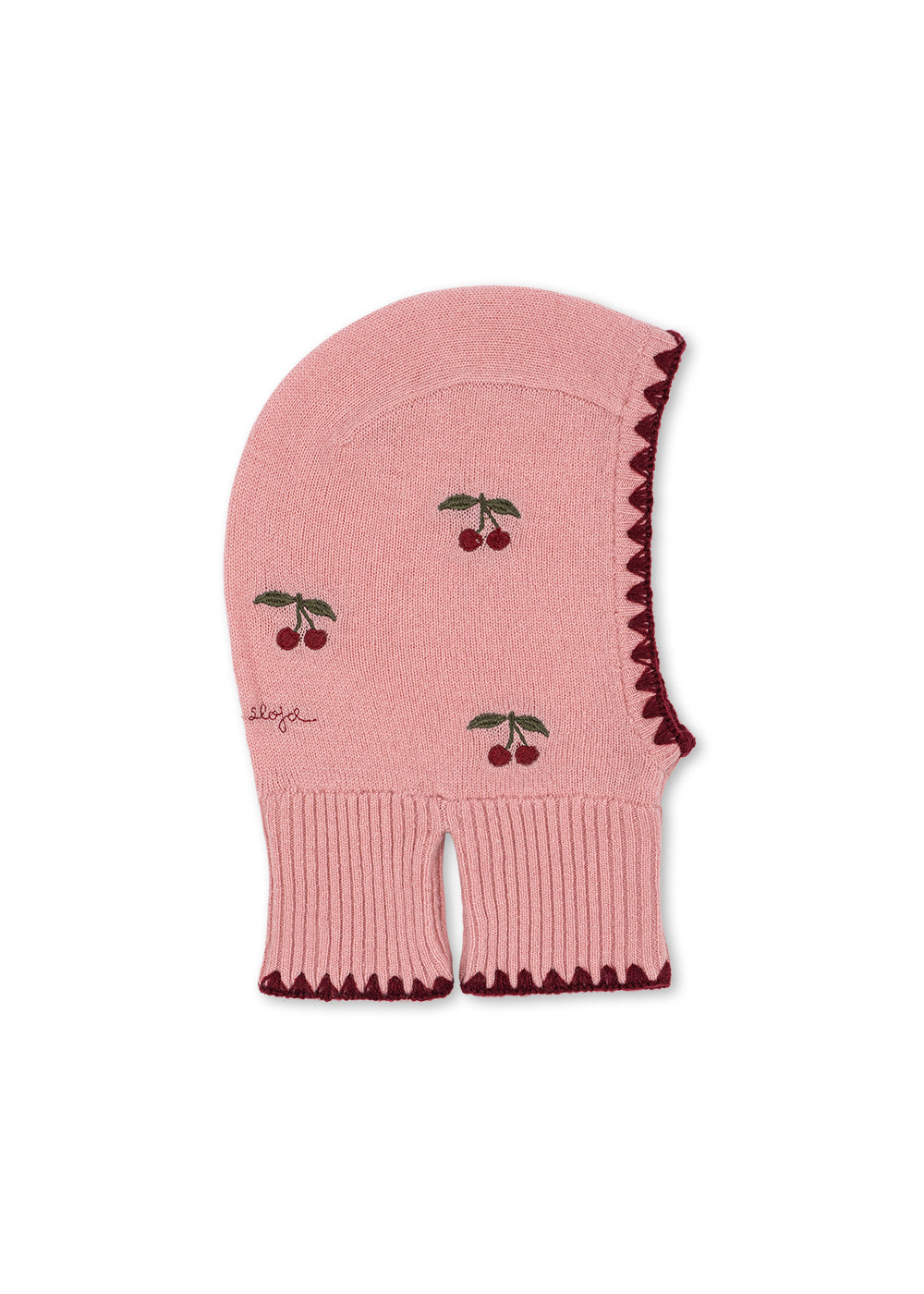 Wollen balaclava Collette – Pale Blush – Konges Sløjd: roze gebreide balaclava met kersen en donkere rand, van opzij.